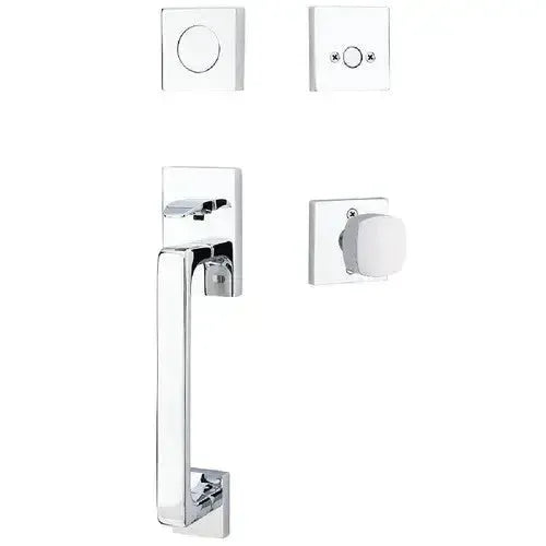 Emtek Baden Entrance Handleset With Freestone Square Knob in Polished Chrome finish