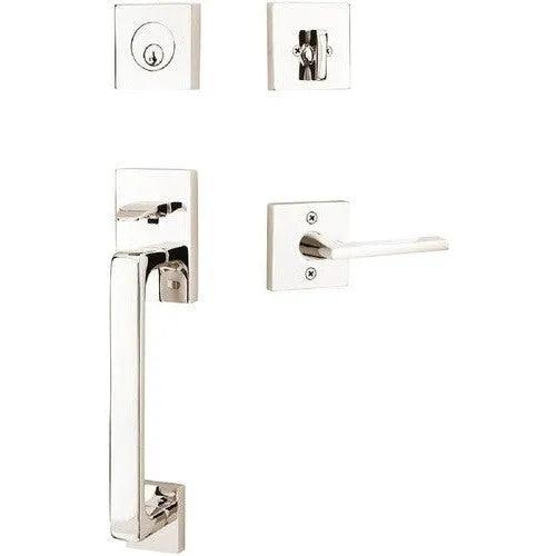 Emtek Baden Tubular Entrance Handleset with Helios Lever Lifetime Polished Nickel