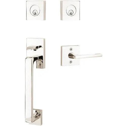 Emtek Baden Tubular Entrance Handleset with Helios Lever Lifetime Polished Nickel