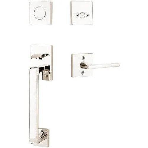 Emtek Baden Tubular Entrance Handleset with Helios Lever Lifetime Polished Nickel