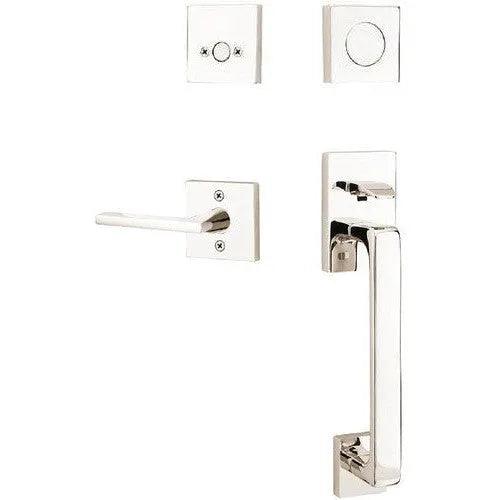 Emtek Baden Tubular Entrance Handleset with Helios Lever Lifetime Polished Nickel