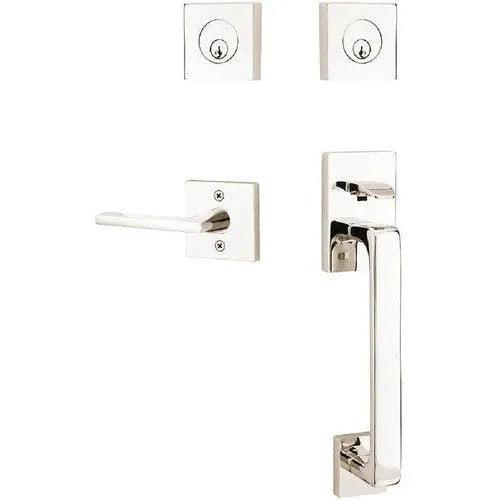 Emtek Baden Tubular Entrance Handleset with Helios Lever Lifetime Polished Nickel