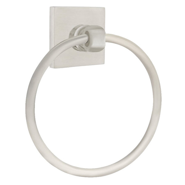 The Emtek Stainless Steel Towel Ring with Square Rosette in Brushed Stainless Steel finish.