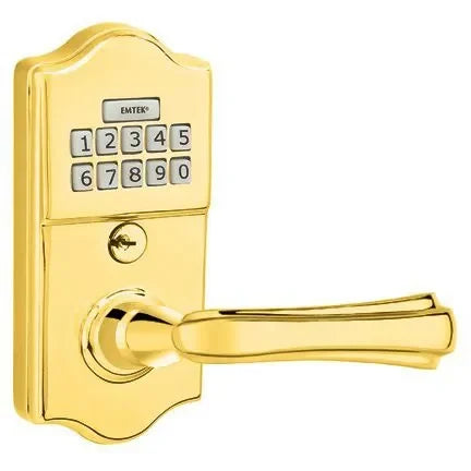 Emtek Classic Electronic Keypad Leverset with Wembley Lever Polished Brass