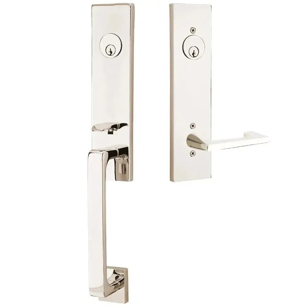 Emtek Davos Handleset with Interior Argos Lever in Lifetime Polished Nickel finish
