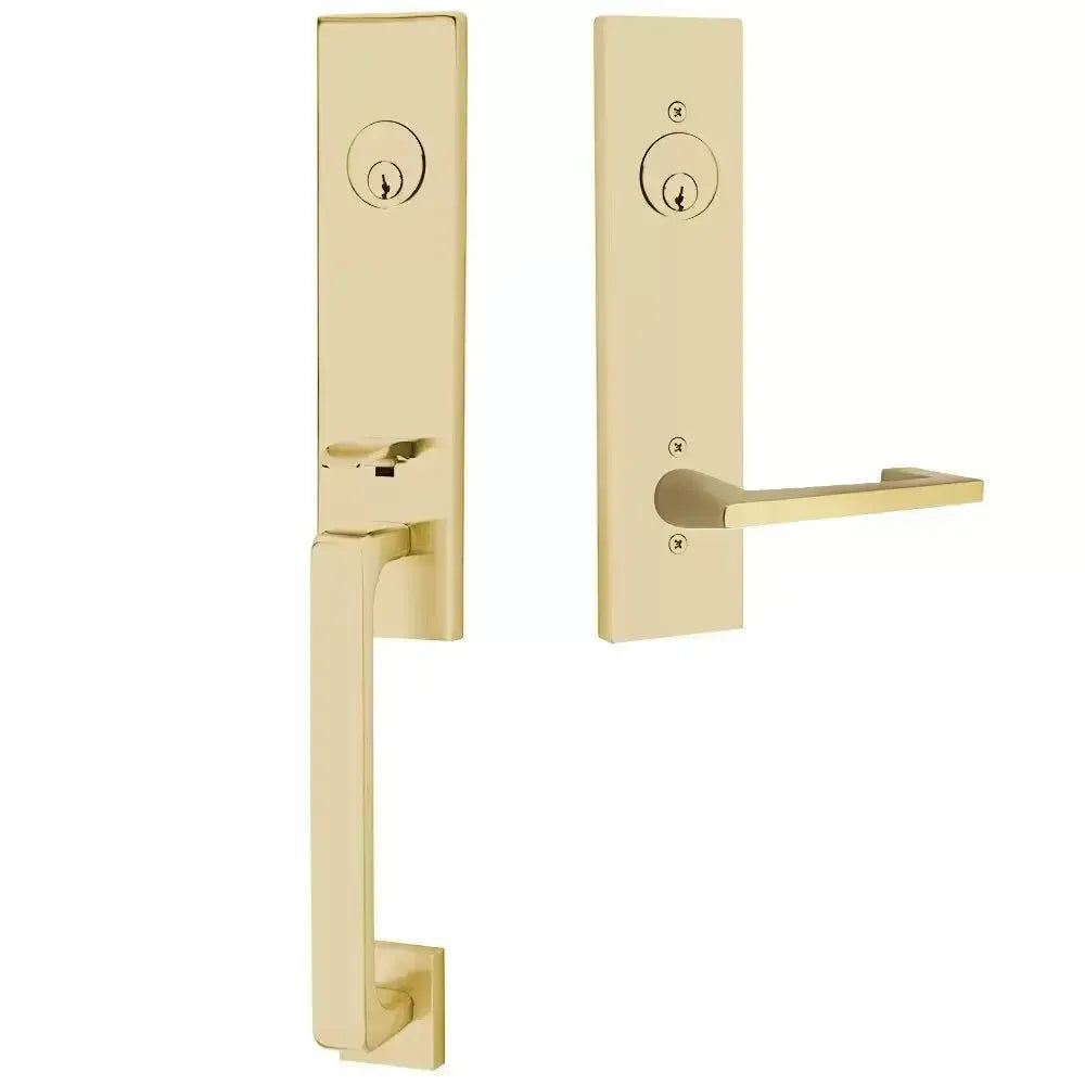 Emtek Davos Handleset with Interior Argos Lever in Satin Brass finish