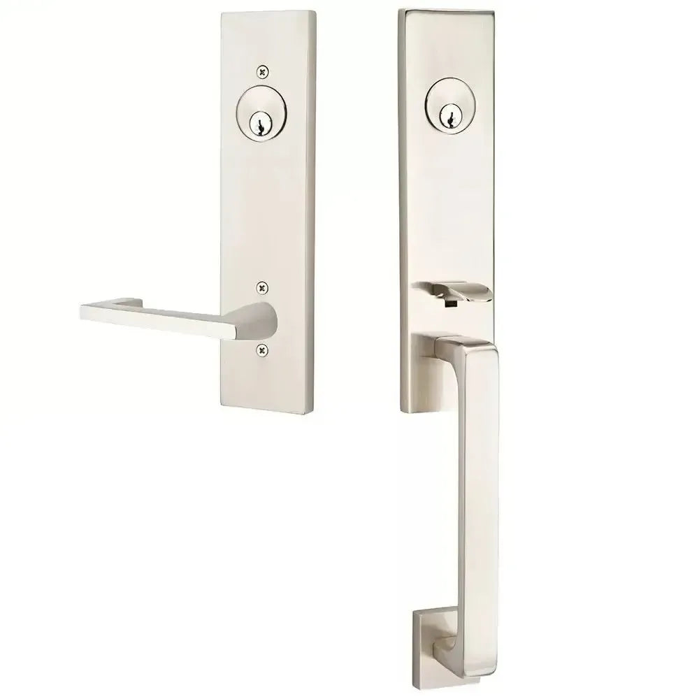 Emtek Davos Handleset with Interior Argos Lever in Satin Nickel finish