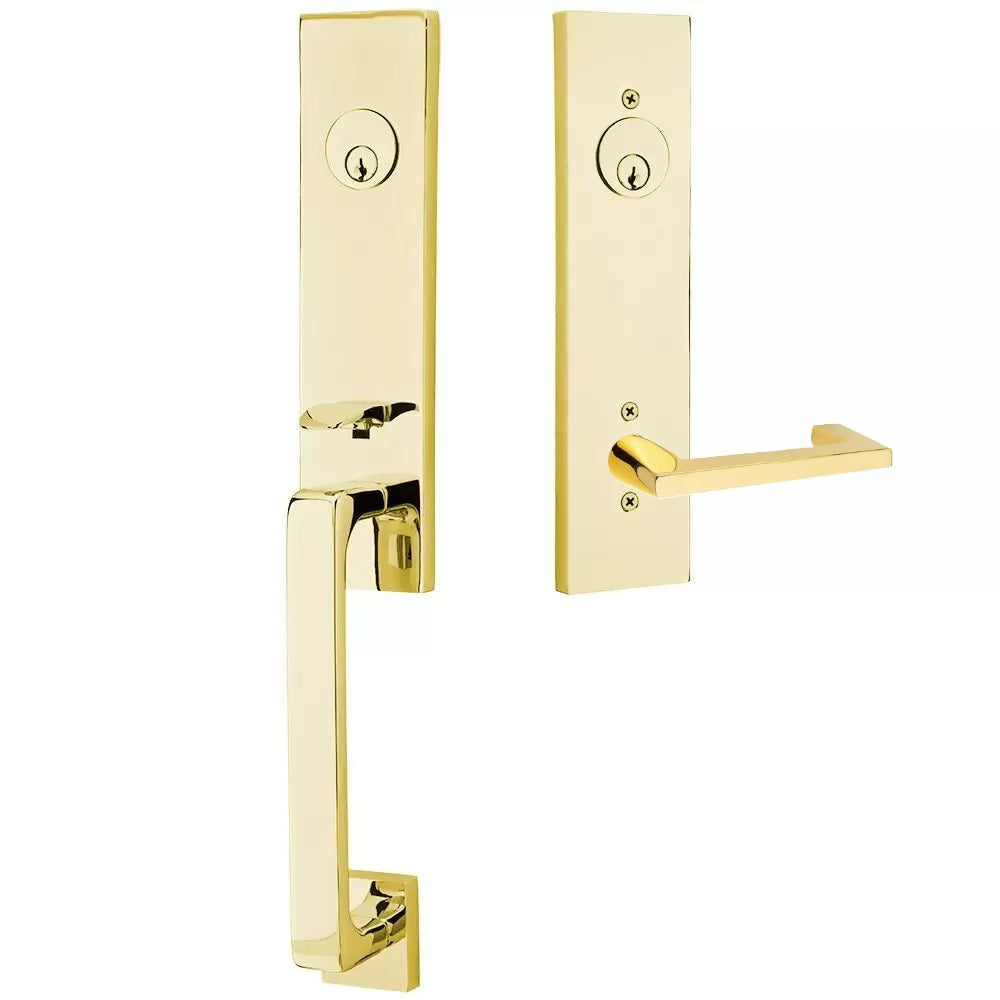 Emtek Davos Handleset with Interior Argos Lever Unlacquered Brass