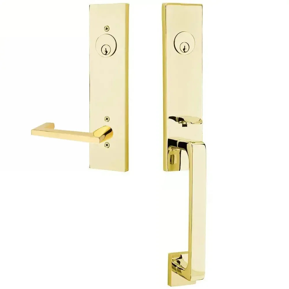 Emtek Davos Handleset with Interior Argos Lever in Unlacquered Brass finish