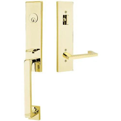 Emtek Davos Handleset with Interior Argos Lever Unlacquered Brass