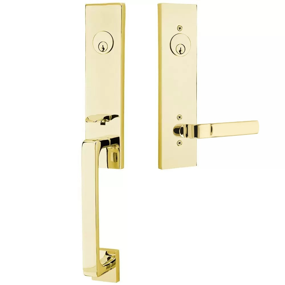Emtek Davos Handleset with Interior Aston Lever Unlacquered Brass