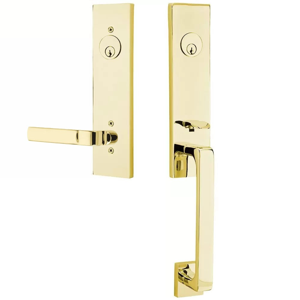 Emtek Davos Handleset with Interior Aston Lever Unlacquered Brass