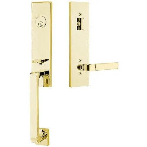 Emtek Davos Handleset with Interior Aston Lever Unlacquered Brass