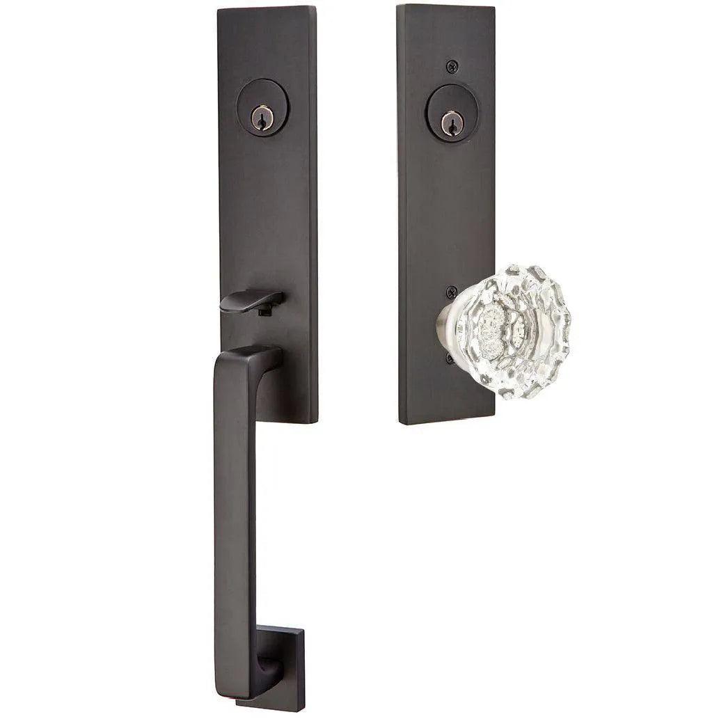 Emtek Davos Handleset with Interior Astoria Glass Knob Flat Black