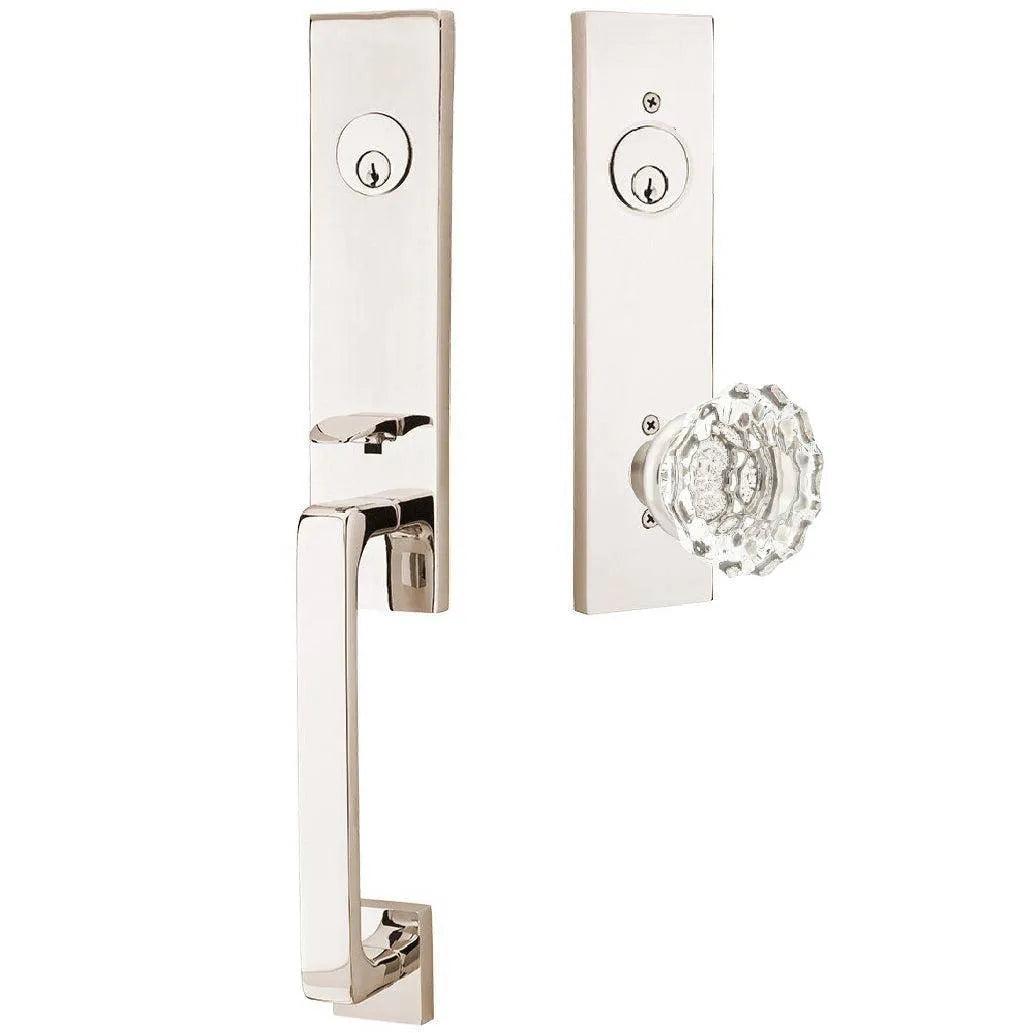 Emtek Davos Handleset with Interior Astoria Glass Knob Lifetime Polished Nickel