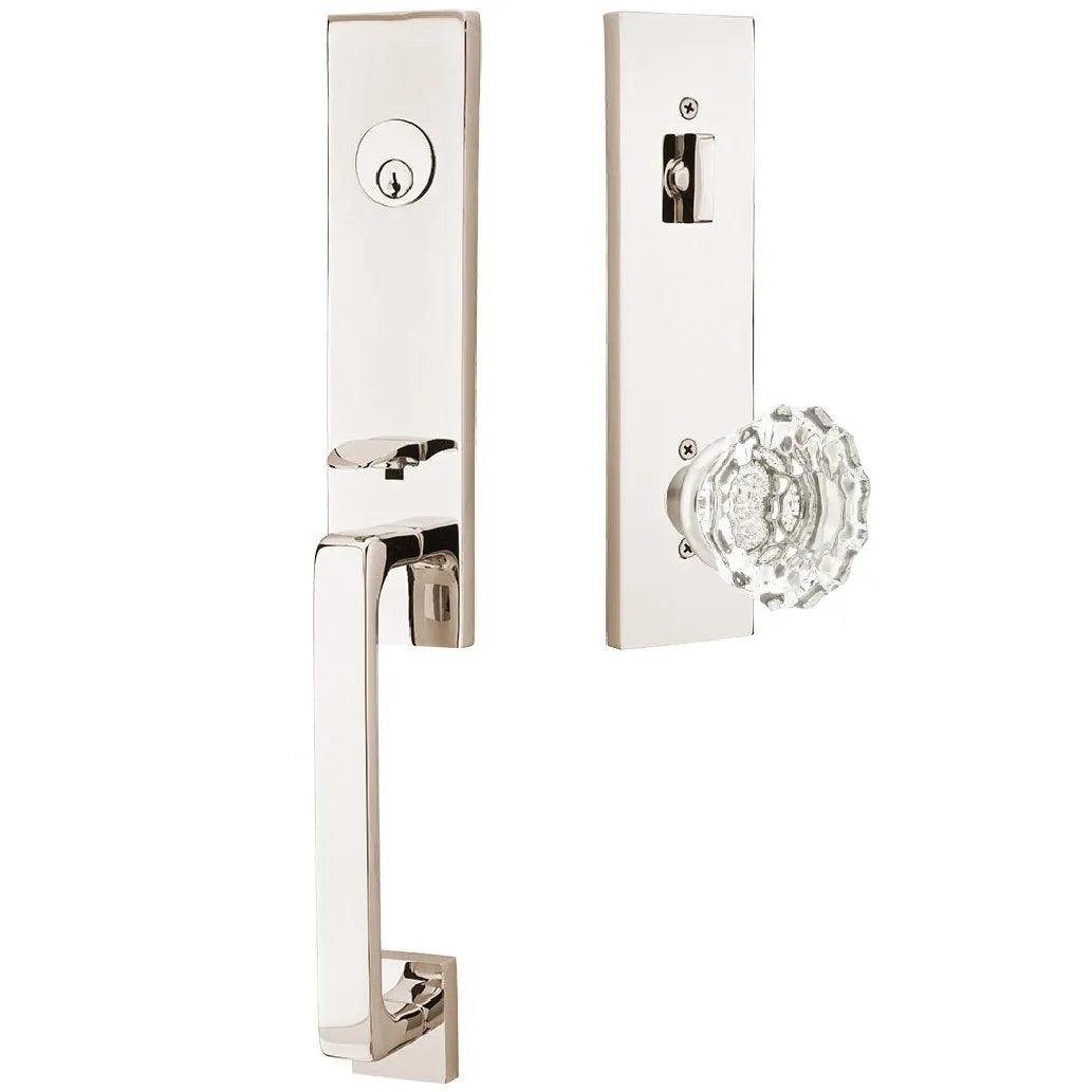Emtek Davos Handleset with Interior Astoria Glass Knob Lifetime Polished Nickel