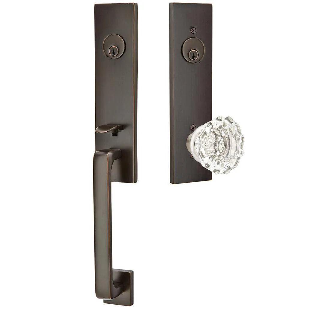 Emtek Davos Handleset with Interior Astoria Glass Knob Oil Rubbed Bronze