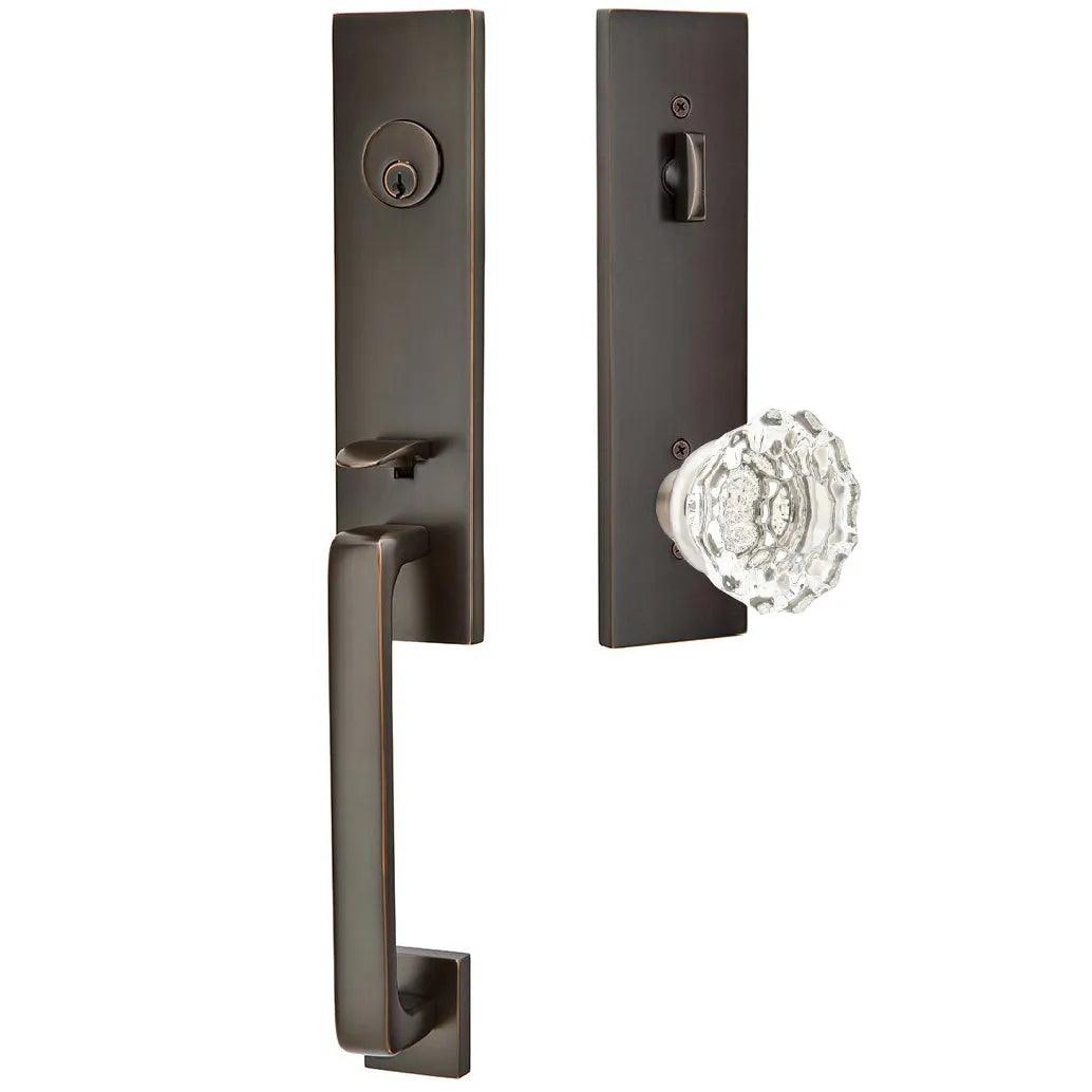 Emtek Davos Handleset with Interior Astoria Glass Knob Oil Rubbed Bronze