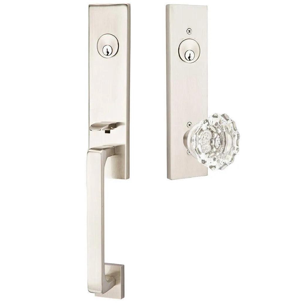 Emtek Davos Handleset with Interior Astoria Glass Knob Satin Nickel