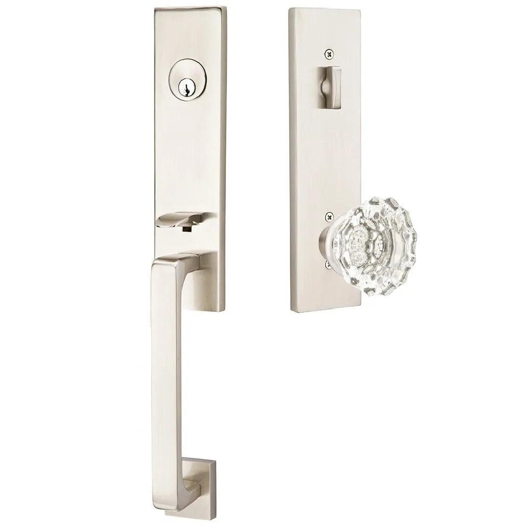 Emtek Davos Handleset with Interior Astoria Glass Knob Satin Nickel