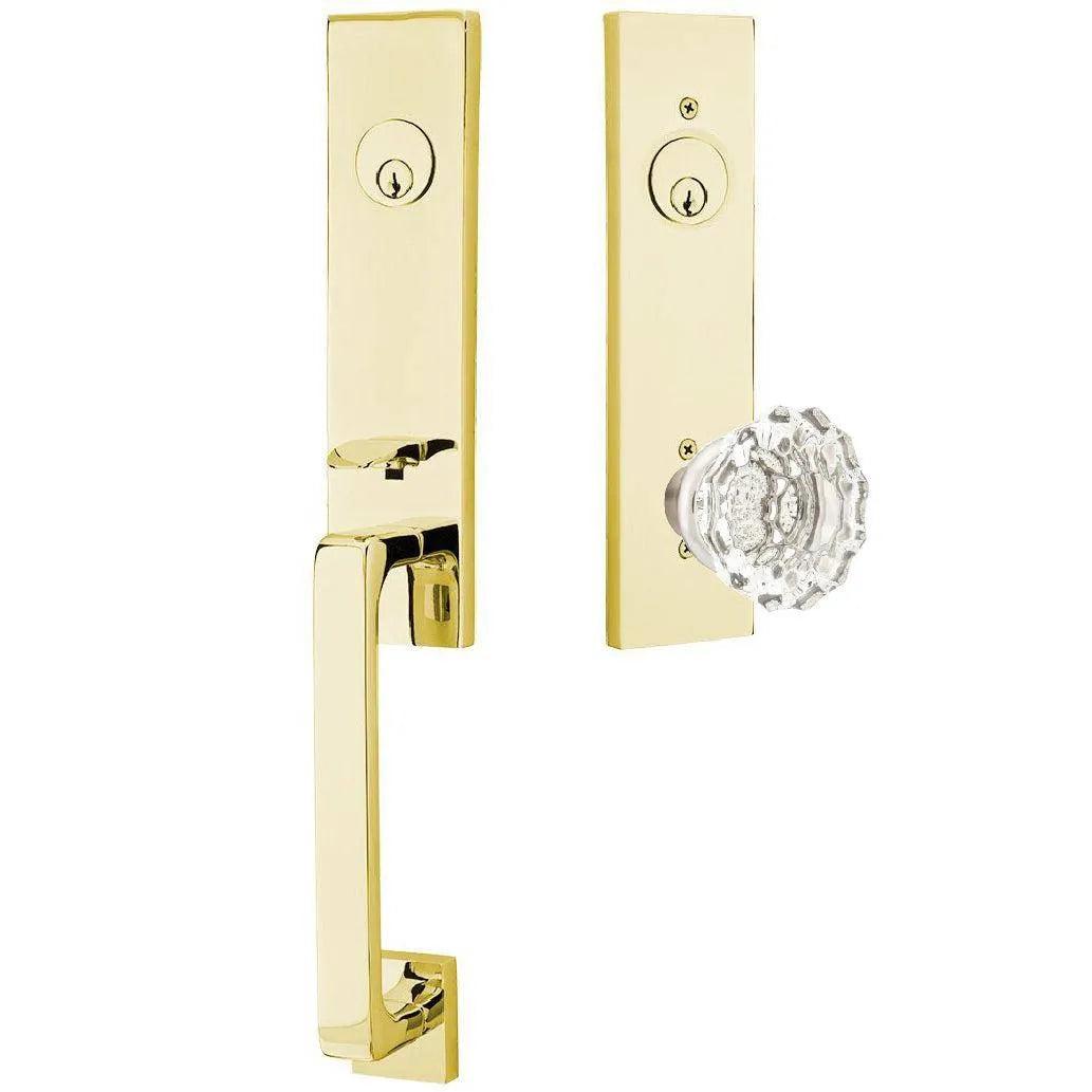Emtek Davos Handleset with Interior Astoria Glass Knob Unlacquered Brass