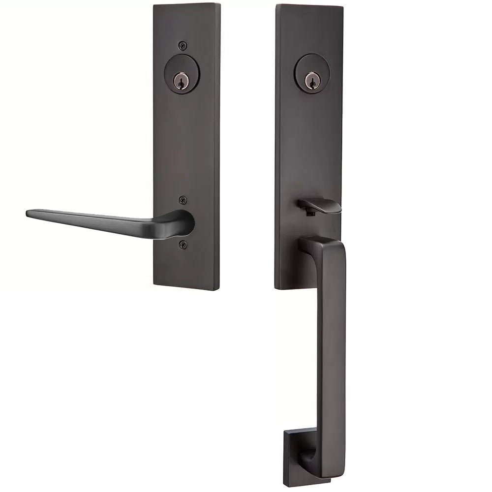 Emtek Davos Handleset with Interior Athena Lever Flat Black