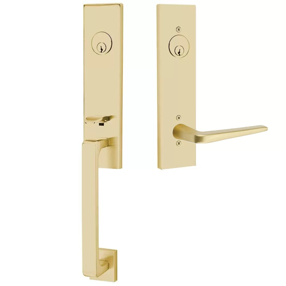 Emtek Davos Handleset with Interior Athena Lever Satin Brass