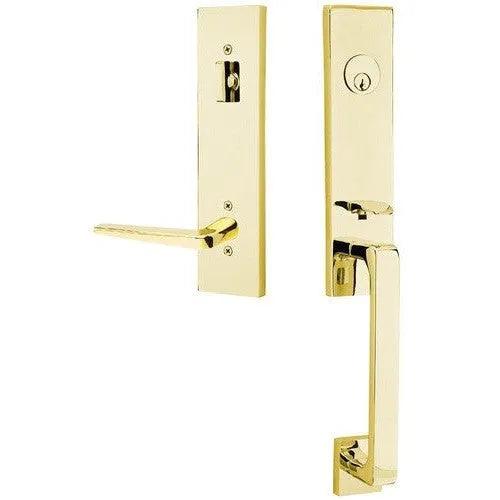 Emtek Davos Handleset with Interior Athena Lever Unlacquered Brass