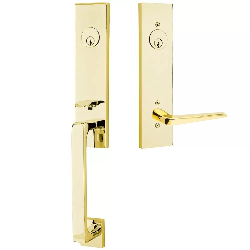Emtek Davos Handleset with Interior Athena Lever Unlacquered Brass