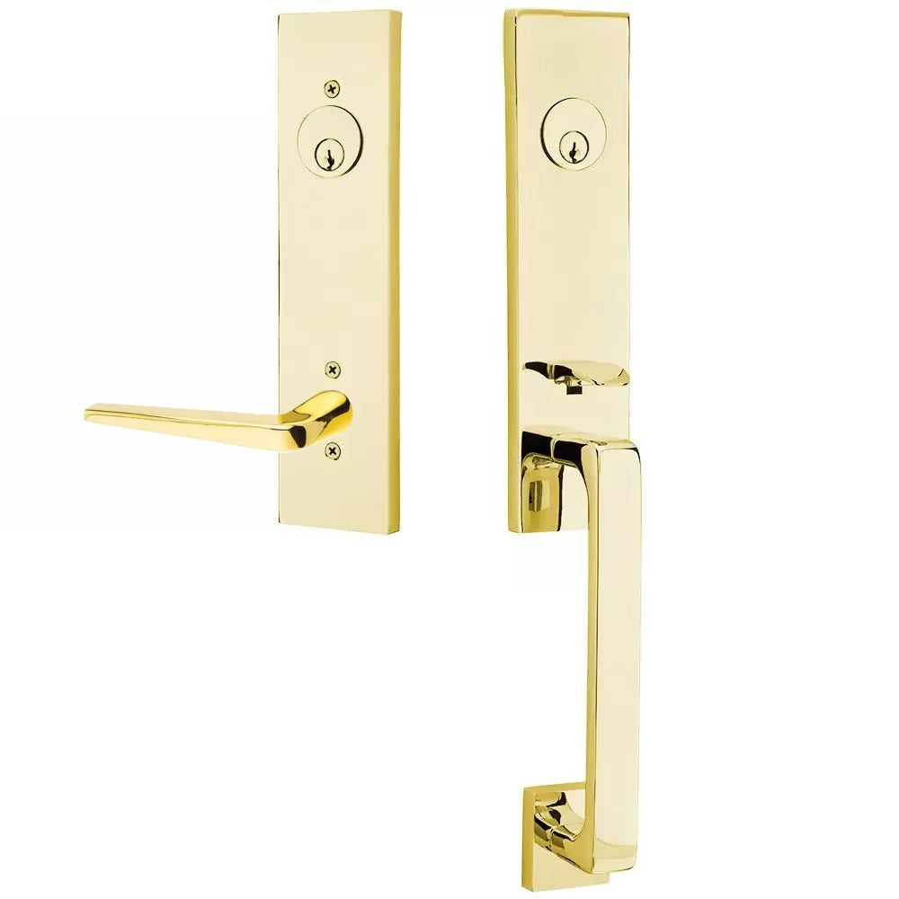 Emtek Davos Handleset with Interior Athena Lever Unlacquered Brass