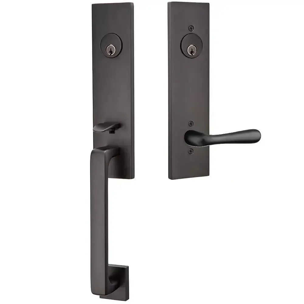 Emtek Davos Handleset with Interior Basel Lever in Flat Black finish