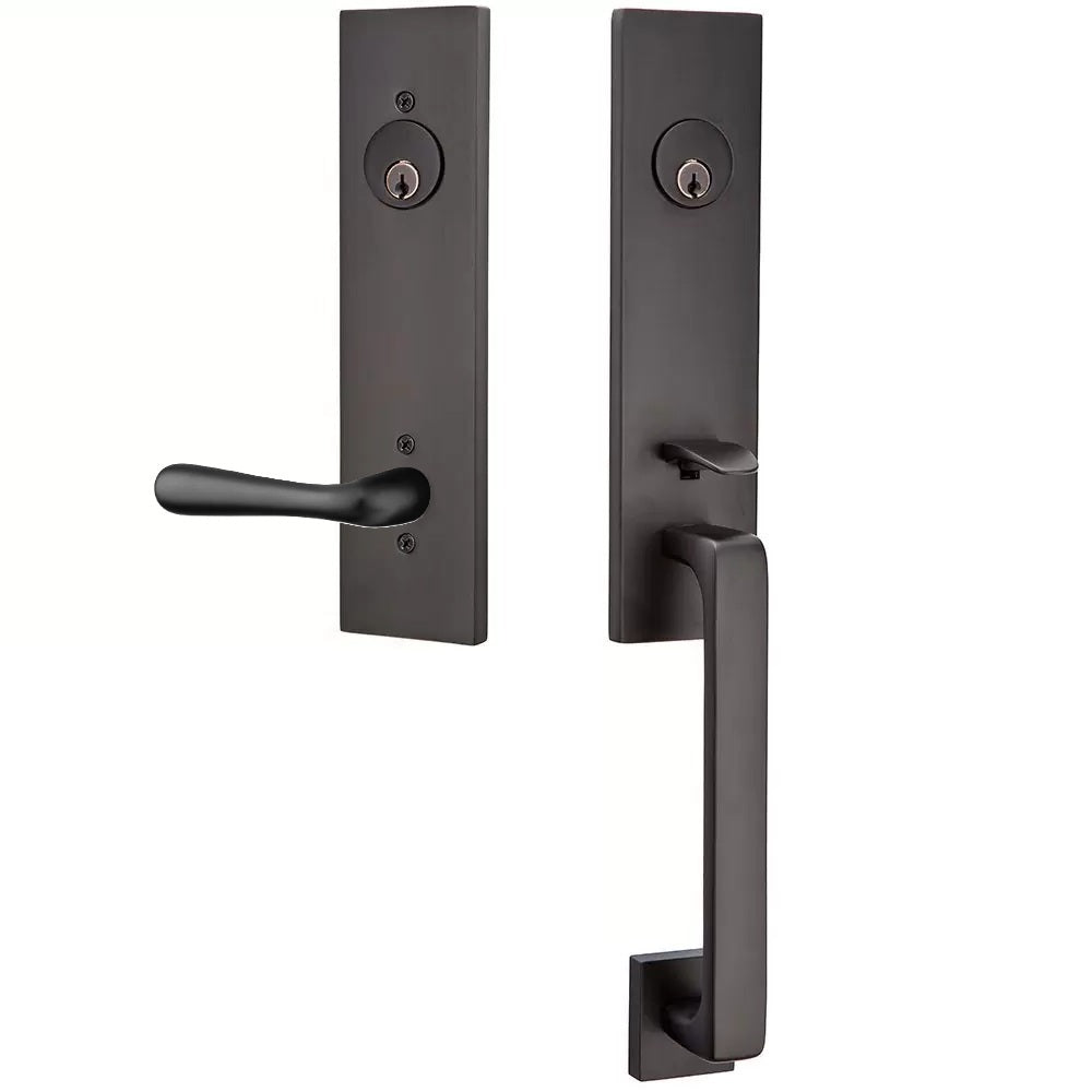 Emtek Davos Handleset with Interior Basel Lever Flat Black