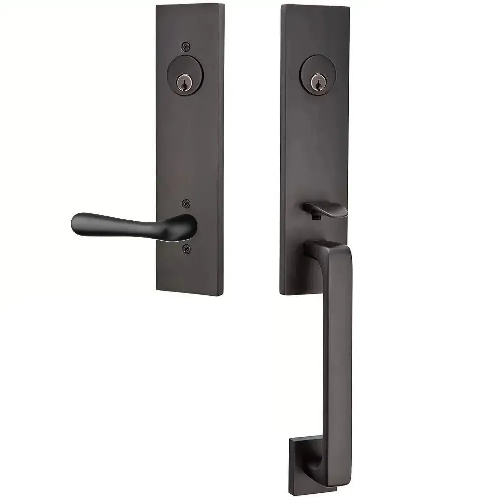 Emtek Davos Handleset with Interior Basel Lever in Flat Black finish