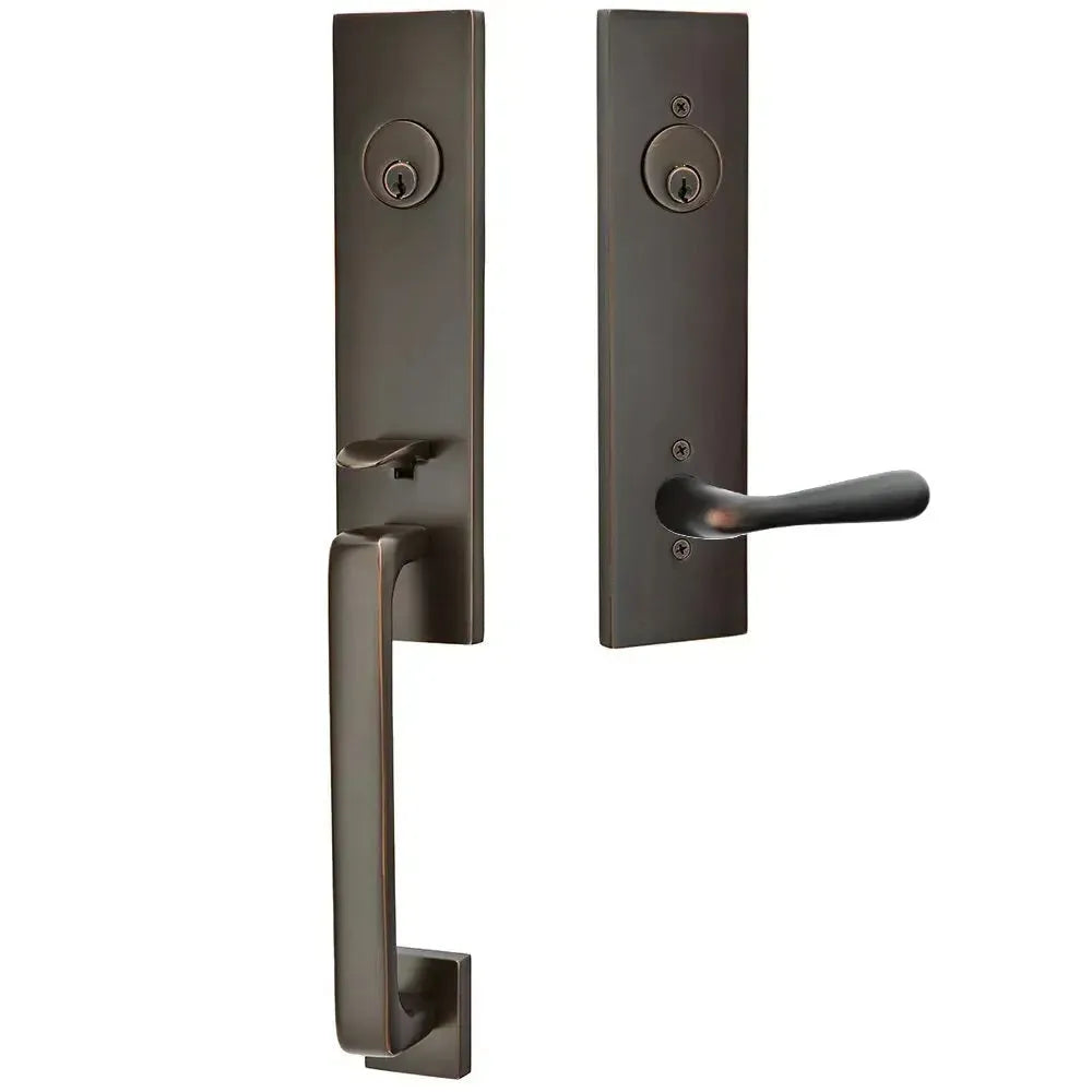 Emtek Davos Handleset with Interior Basel Lever in Oil Rubbed Bronze finish