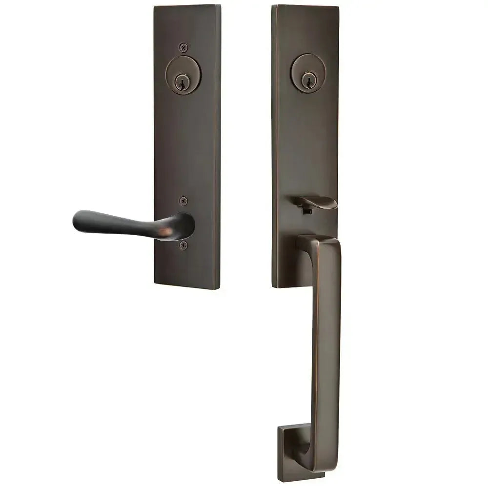 Emtek Davos Handleset with Interior Basel Lever in Oil Rubbed Bronze finish