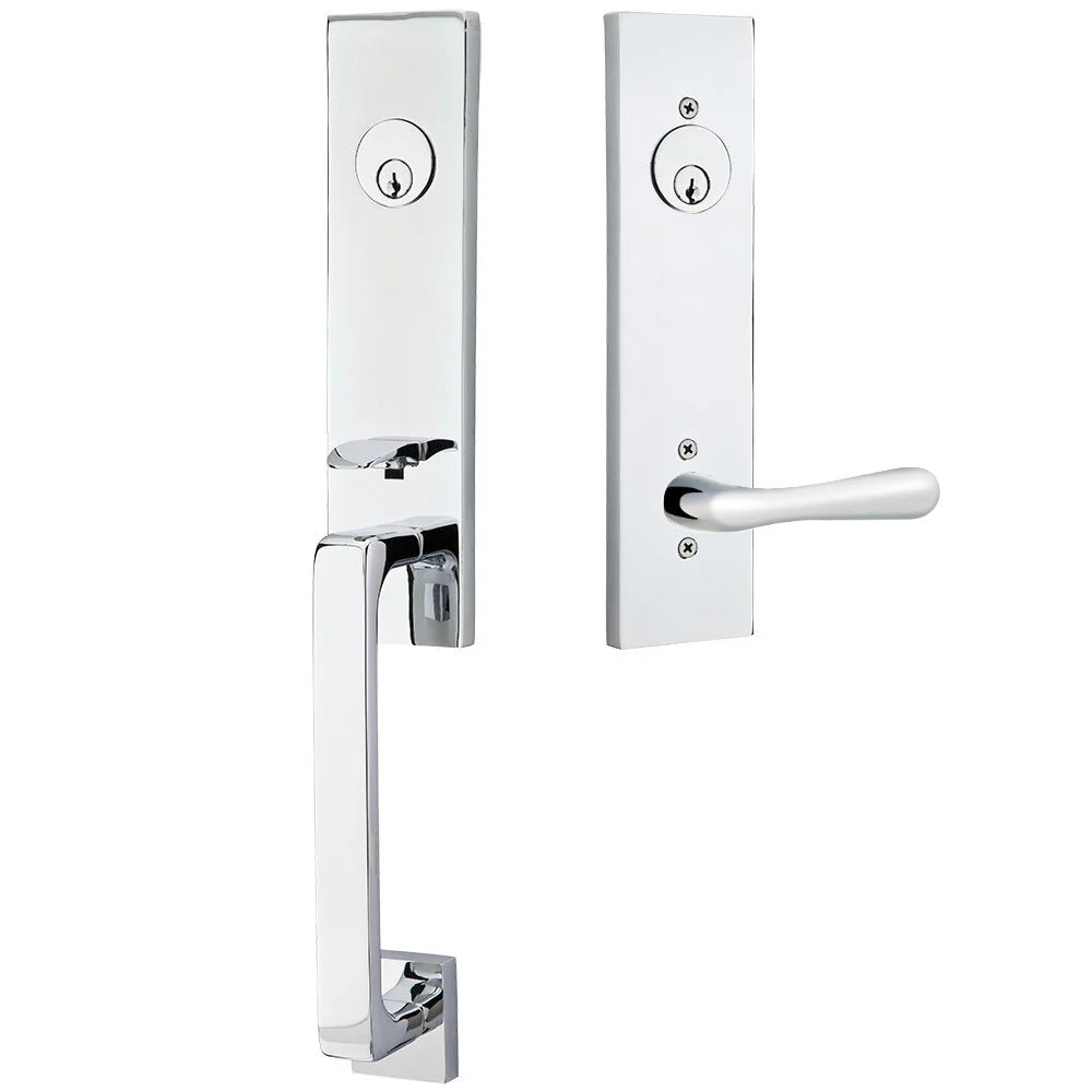 Emtek Davos Handleset with Interior Basel Lever Polished Chrome