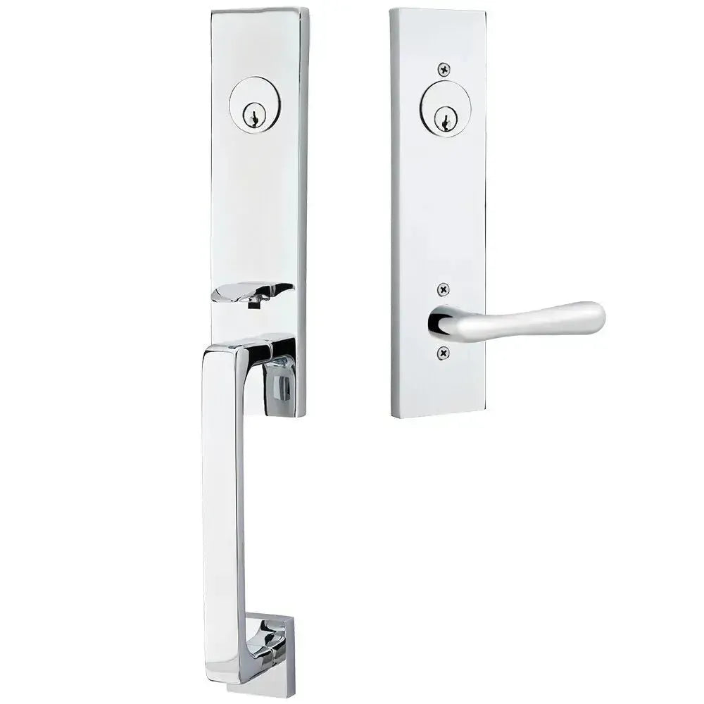 Emtek Davos Handleset with Interior Basel Lever in Polished Chrome finish