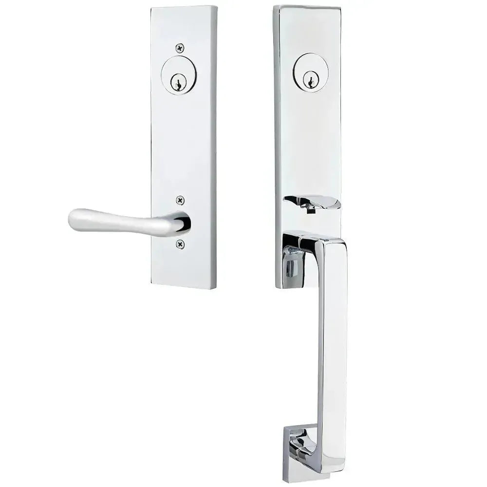 Emtek Davos Handleset with Interior Basel Lever in Polished Chrome finish