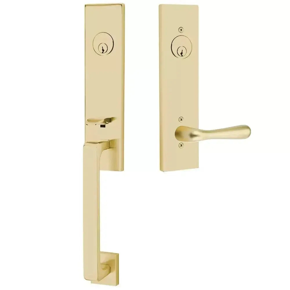 Emtek Davos Handleset with Interior Basel Lever in Satin Brass finish