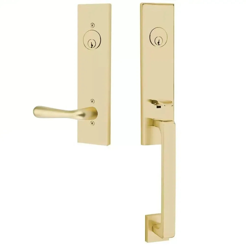 Emtek Davos Handleset with Interior Basel Lever in Satin Brass finish