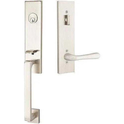 Emtek Davos Handleset with Interior Basel Lever Satin Nickel