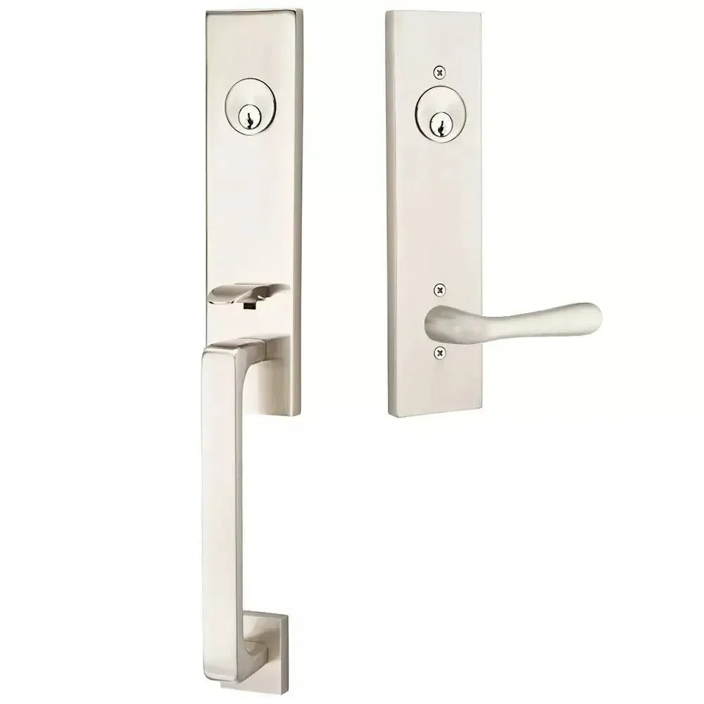 Emtek Davos Handleset with Interior Basel Lever in Satin Nickel finish