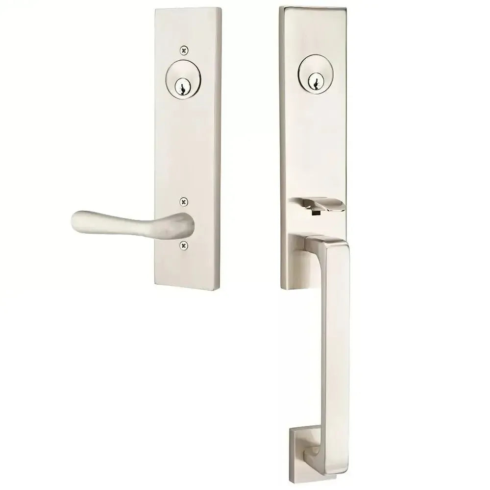 Emtek Davos Handleset with Interior Basel Lever in Satin Nickel finish