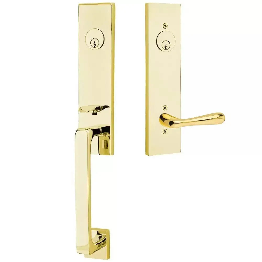 Emtek Davos Handleset with Interior Basel Lever in Unlacquered Brass finish