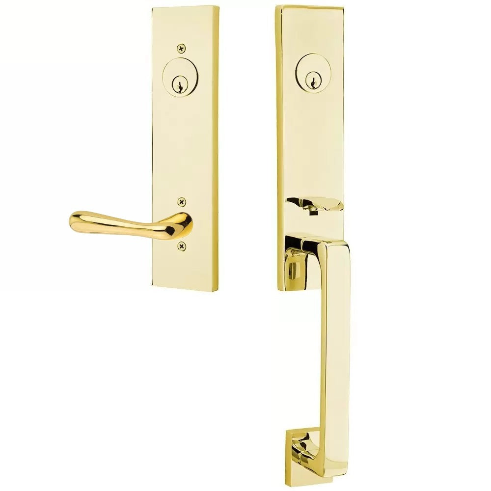 Emtek Davos Handleset with Interior Basel Lever Unlacquered Brass