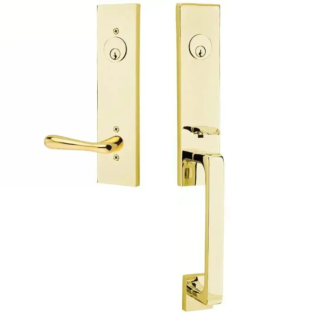 Emtek Davos Handleset with Interior Basel Lever in Unlacquered Brass finish