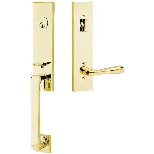 Emtek Davos Handleset with Interior Basel Lever Unlacquered Brass