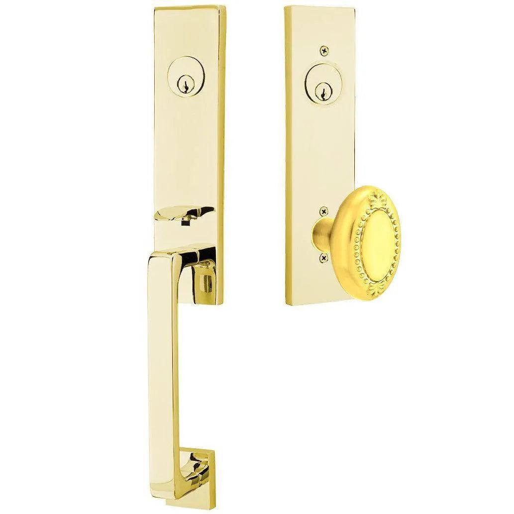 Emtek Davos Handleset with Interior Beaded Egg Knob Unlacquered Brass