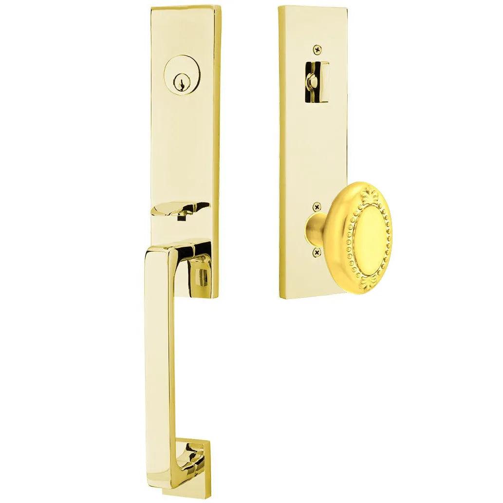Emtek Davos Handleset with Interior Beaded Egg Knob Unlacquered Brass
