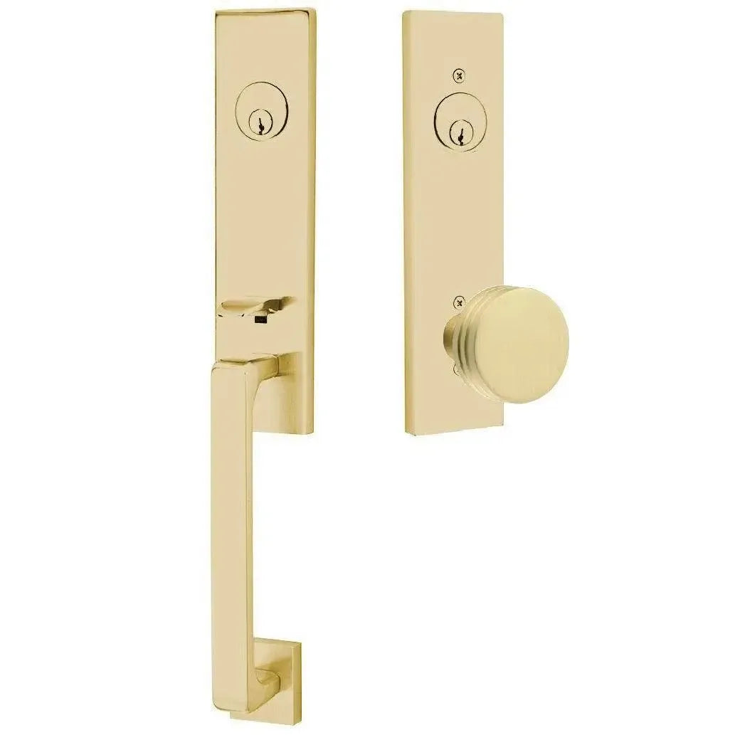 Emtek Davos Handleset with Interior Bern Knob in Satin Brass finish